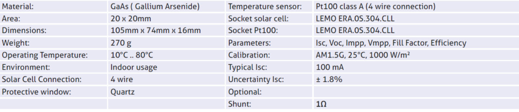 Specifications GaAs Cell