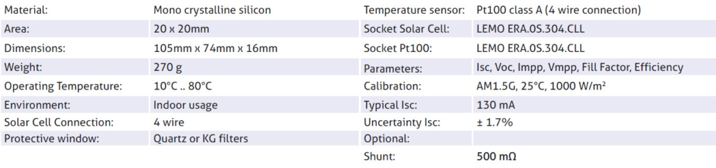 Specifications Silicon Cell